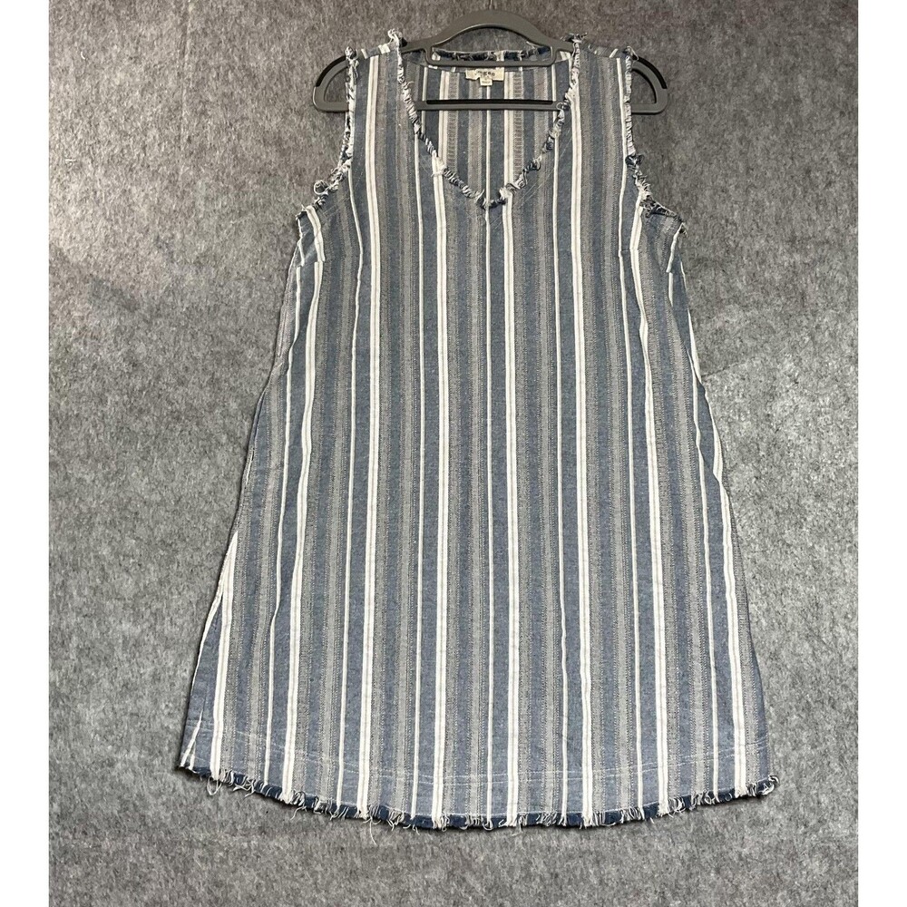 Umgee Dress Womens Small Blue Striped Fringe Sleeveless Pockets Linen Blend Boho